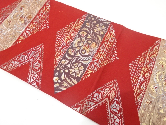 JAPANESE KIMONO / ANTIQUE NAGOYA OBI / SILK / WOVEN RHOMBUS & FLORAL SARASA